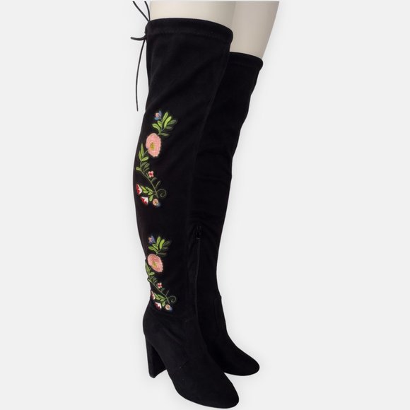 Top Moda Black Suede Floral Embroidered Over The Knee Boots 8.5 - Picture 1 of 16